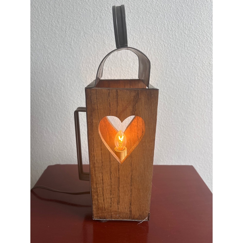 Primitive Wood Metal Heart Cutout Lantern Electric Candle Lamp Rustic Home Decor - Picture 4 of 7